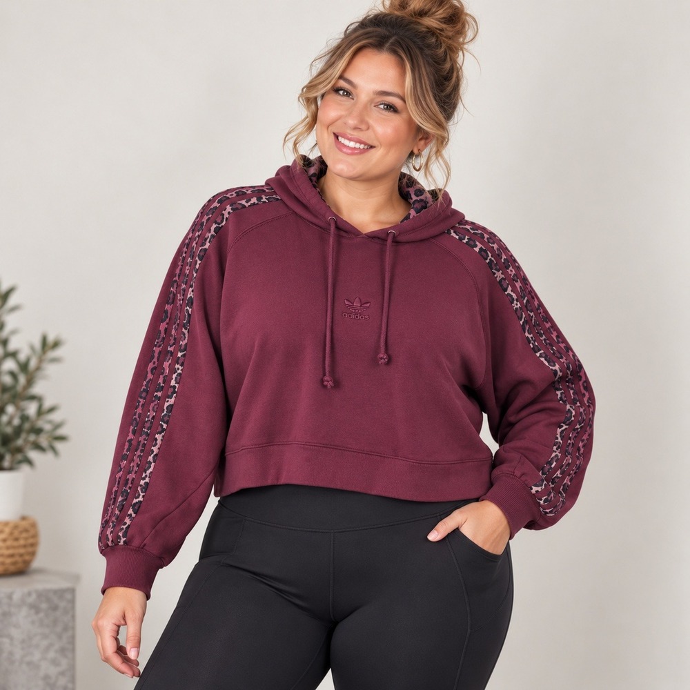 Adidas Hoodie Women 2X Maroon Pink Leopard Print Cropped Trefoil Pullover HK5191
